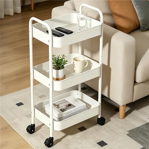 3-Tier Rolling Cart with Wheels, Multifunction Utility Storage Carts, Kitchen Storage Organizer, Mobile Shelving Unit for Bathroom, Laundry, White - 3