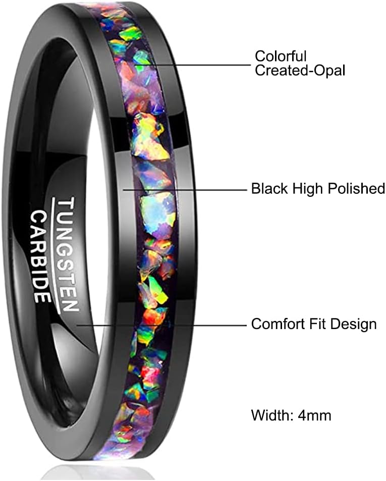 Vakki 4mm 8mm Black Tungsten Rings Inlaid with Crushed Created Opal Wedding Engagement Band for Men Comfort Fit Size 4-12 - Image 5