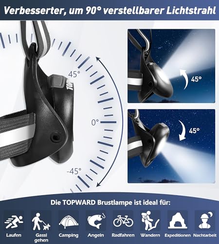 Topward Lauflicht, Lauflampe Joggen Brustlampe, 500 Lumen wiederaufladbar per USB-C, 90°verstellbarer Abstrahlwinkel, 360°reflektierendes Band, wasserdicht, einstellbar, Laufen Licht Jogger Lampe