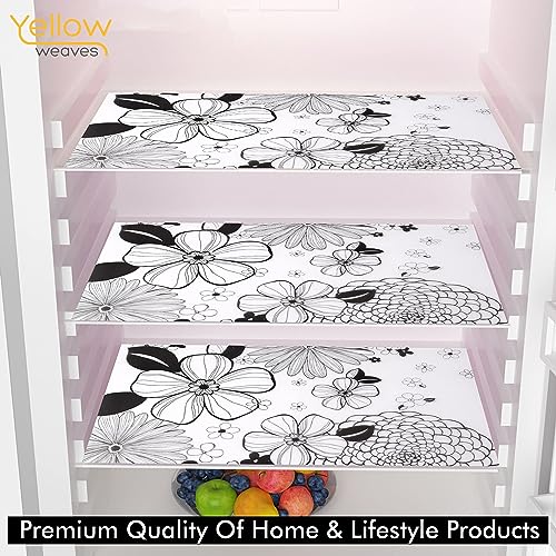Image of Yellow Weaves Combo of Exclusive Decorative 1 Fridge Top Cover, 2 Handle Covers + 3 Fridge Mats (Black & White, 6 Piece set)