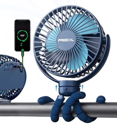 Image of FRIZCOL 12000mAh Portable Stroller Fan, Use As Power Bank, 65H Battery Operated Fan Flexible Tripod Clip On Fans, Detachable Personal Handheld Baby Fans for Stroller, Car seat, Desk, Treadmill (Blue)