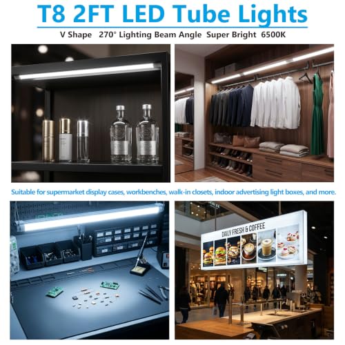 Image of T8 2FT LED Tube Lights G13 20W 2000LM 6500K 10 Pack | F17T8 F20T12 Flourescent Bulb Replacement, Type B Ballast Bypass Dual-End Powered, Under Cabinet Shop Lighting
