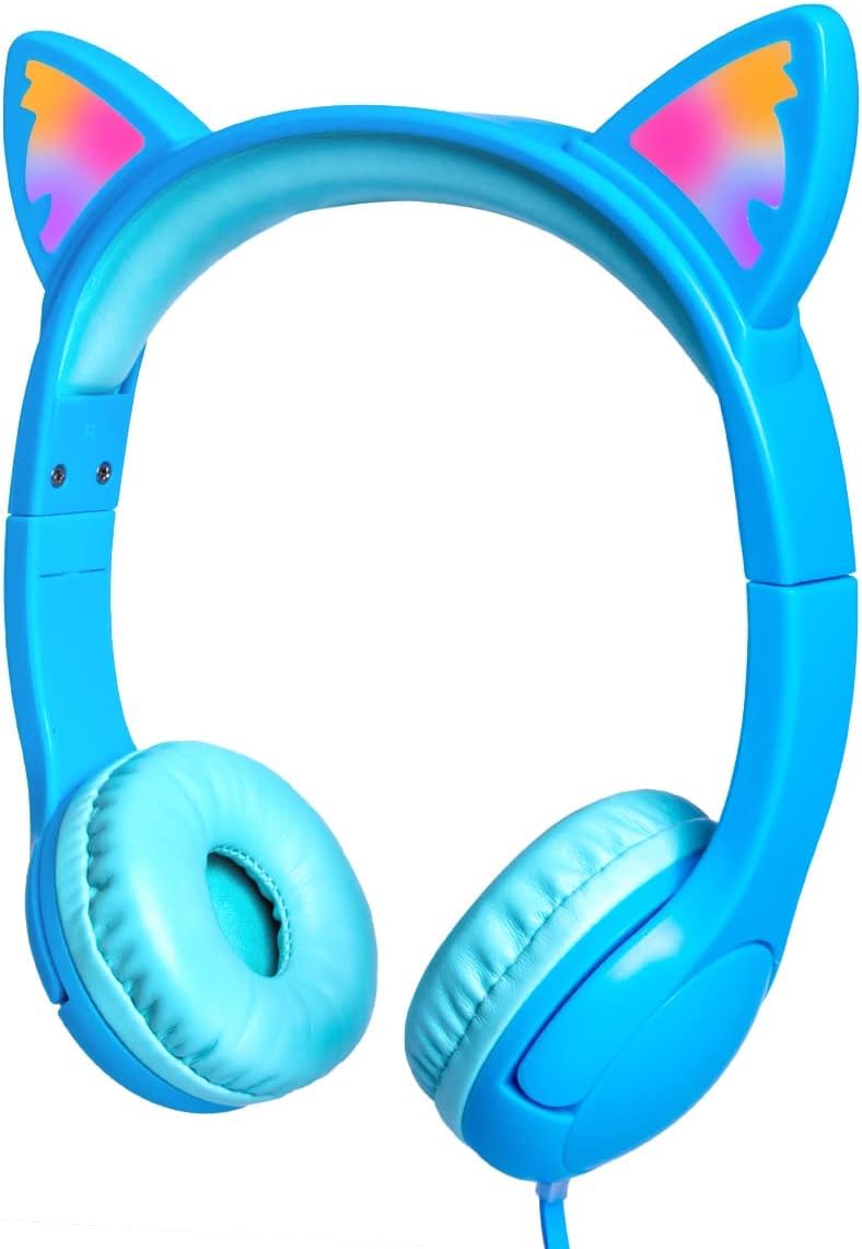 Olyre Kids Headphones with Light Up Cat Ears 3.5mm On Ear Audio Headphones for Boys Toddler with Tangle Free Cable (Max 85dB) for School Learning Travel- Blue