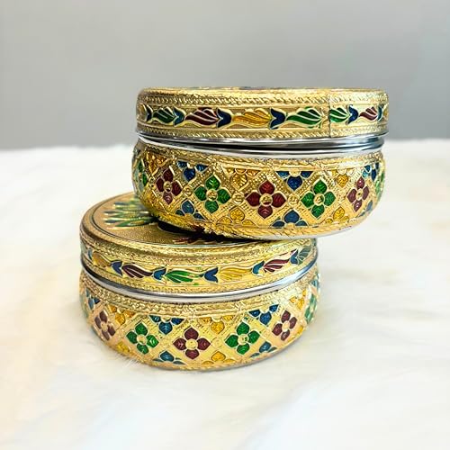 Image of NAVRANG Stainless Steel Container Box Meenakari Storage Box /Chapati Box /Roti Dabba Peacock Design (Pack of 2, Golden)