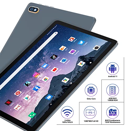 ANTEMPER Tablet mit Tastatur Maus Stift und Hülle, 4GB RAM+128GB ROM(TF 1TB) Tablet Pc, Octa-Core 1,8 GHz, Tablet 10 Zoll Android 11, 2.4GHz/5GHz WiFi, 13MP+8MP Kamera, Google GMS, Grau – Bild 3