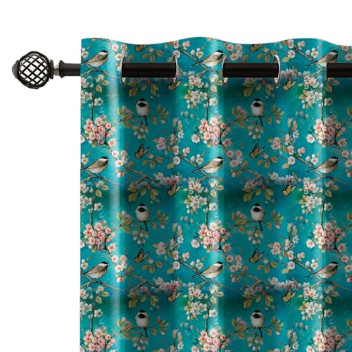 Image of LINENWALAS Printed Blackout Curtains for 5 Feet Window | Set of 2 | Charming Bird & Floral Drapes | Thermal Insulated, Room Darkening Panels with Grommet Hanging for Living Room (Teal Blossom)
