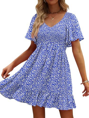 Image of UEAL Womens Cute Floral Smocked V Neck Flutter Sleeve Sundress with Pockets Casual Spring Summer Dresses for Women 2026