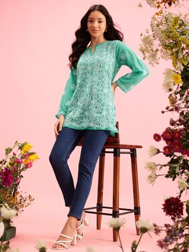 Image of Ada Women's Georgette Regular Fit Chikankari Hand Embroidered Lucknow Short Kurti Top A911224