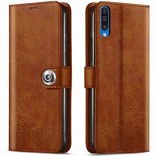 Image of TheGiftKart Genuine Leather Finish Flip Cover for Samsung Galaxy A50s / A50 / A30s | Inside Pockets & Inbuilt Stand | Wallet Style Back Case | Designer Button Magnet Closure (Brown)