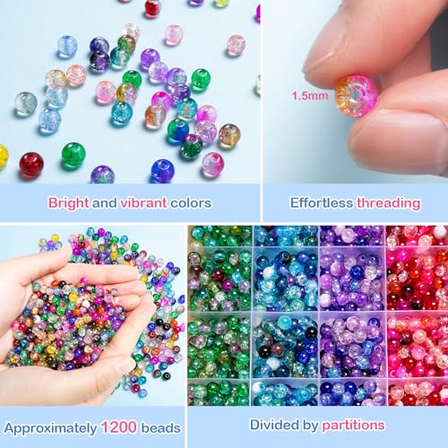 Image of XSEINO About 144 Colors 1200PCS 6mm Glass Beads Bracelet Making Set, 6 Styles of Mixed Crack Beads for Bracelets, Jewelry, and DIY Making