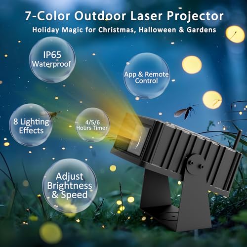 Image of AIRIVO Outdoor Star Laser Projector, App & Remote Control 7 Colors Motion Smart Firefly Lights Christmas Snowflake Projector, 8 Lighting Effects Fairy Light Projector for Holiday Decor Garden Light