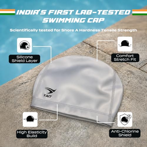 Image of Silicone Coated Fabric Swimming Cap for Men & Women | India's First Lab-Tested Swim Cap | High Elasticity Stretch Fit | Anti-Chlorine Protection | Soft Comfortable Hair Coverage | Silver