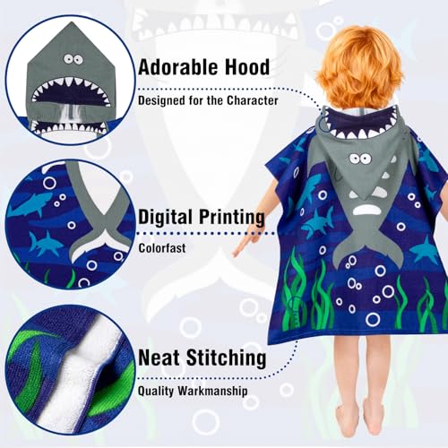 Image of growell Hooded Kids Beach Towels - Toddler Bath Towel Girls Boys Swim Cover-ups for Ages 1 to 6 Kids Pool Towels Quick Dry Lightweight Soft Microfiber Poncho Towel 24x23 (Buble Shark)