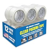 Grizzly Brand Clear Packing Tape Refill Rolls for Shipping, Moving, Packaging - True 2 inch x 65 Yards, 2.8mil Thick, 12 Rolls