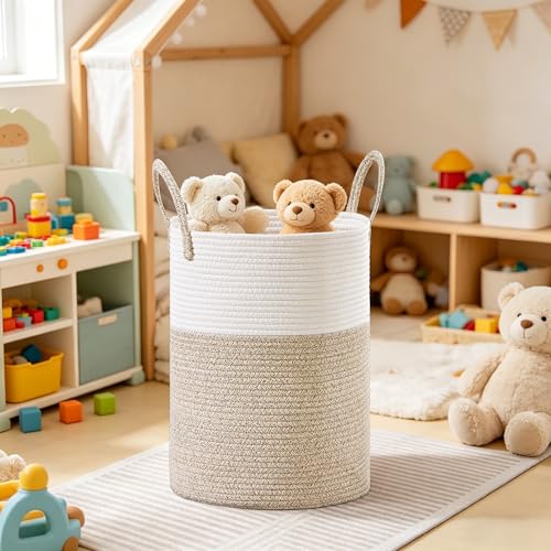 Image of 72L Large Tall Cotton Rope Laundry Basket with Handles, Brown