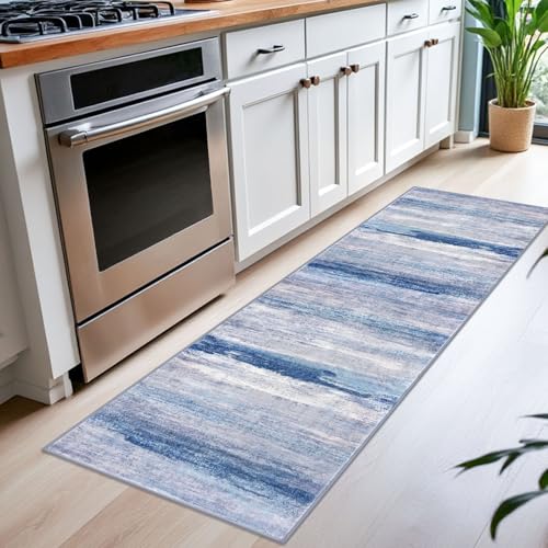 KOZYFLY Modern Abstract Kitchen Runner Rug, 2x6 Washable Rug Runner Non-Slip Soft Striped Hallway Runner Rugs, Blue/Grey/Beige Print Distressed Carpet Runner for Entryway Bathroom Laundry Room Foyer