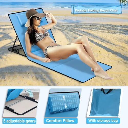 Strandstuhl 2er Set,Strandmatte Klappbar Leicht,Bequeme Strandliege,Verstellbarer Liegestuhl mit Aufbewahrungstasche,Tragbare Sonnenliege für Strand,für Garten Camping Picknick Reise Urlaub