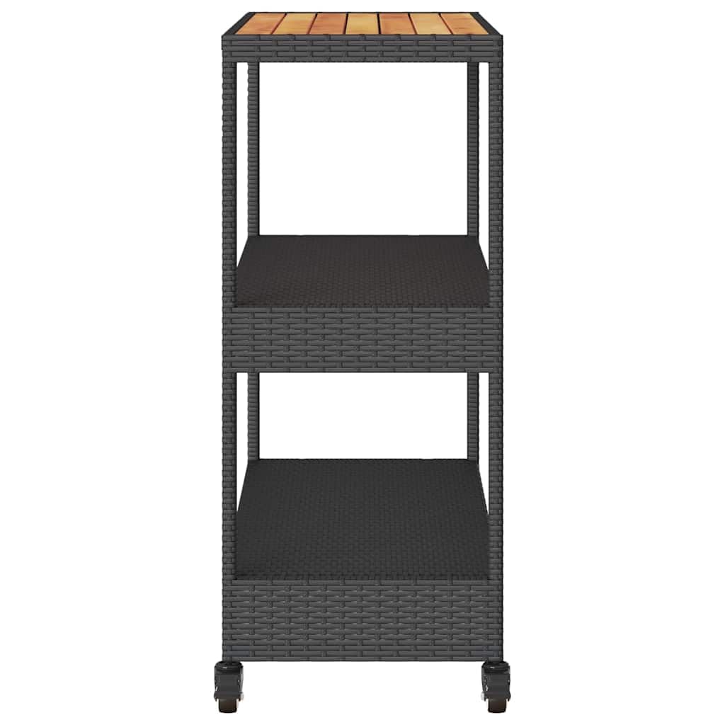 Carrello da portata con ruote e 3 ripiani in polyrattan e legno di acacia, come carrello da bar e carrello per bevande per interni ed esterni