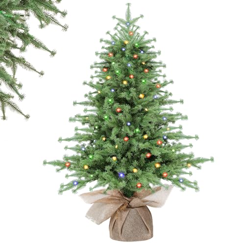 Alupssuc 3FT Árvore de Natal pré-iluminada, 90 luzes LED e 12 modos, mini árvore de Natal artificial com ramos de PE em forma de flor para decoração natalícia em interiores e exteriores