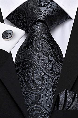 Image of Dubulle Mens Paisley Striped Tie Woven Necktie for Men and Handkerchief Cufflinks Set Wedding Formal Business