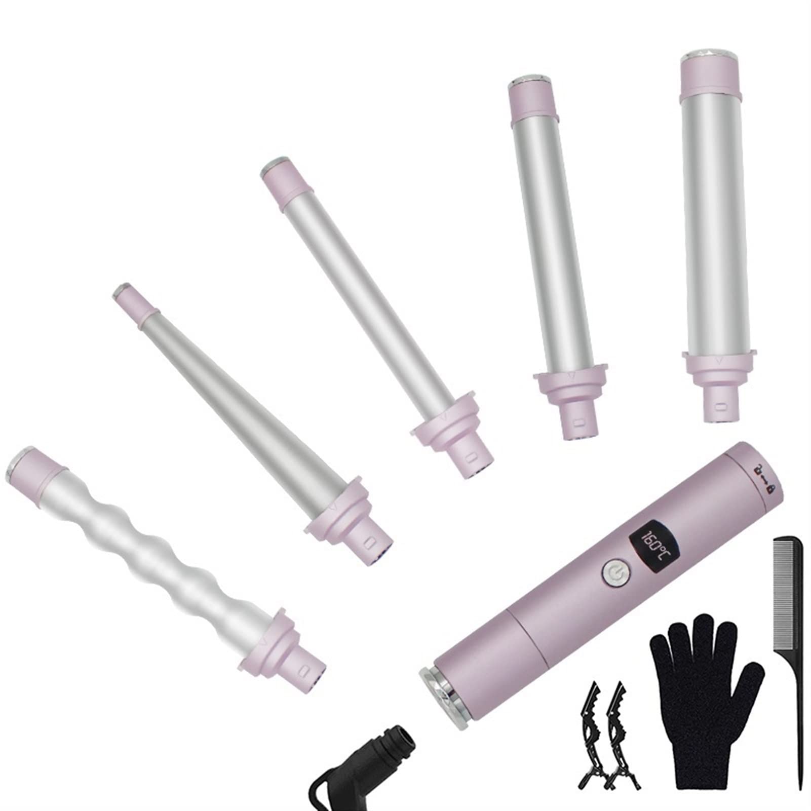 Hair Curler 5 in 1 Curling Iron Wand Set Ceramic Barrels Instant Heat Up LCD Temperature Adjustment Hair