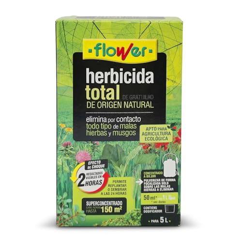 FLOWER Herbicida Total Ecológico Origen Natural 150 m² | Elimina Malas Hierbas y Musgos | Alternativa Glifosato | Resultados Visibles 2 Horas | 250ml + Dosificador Diluir 5L Agua | Súper Concentrado