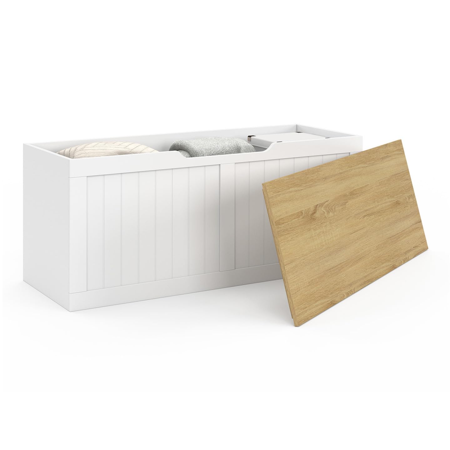 IDMarket - Banc Coffre Rangement 100 cm Leon Bois et Blanc