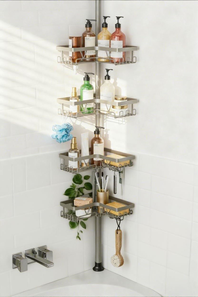 KEGII Shower Caddy Tension Pole 4-Tier Rustproof Adjustable Corner Bathroom Organizer for Renters 25 114 2 Inch No
