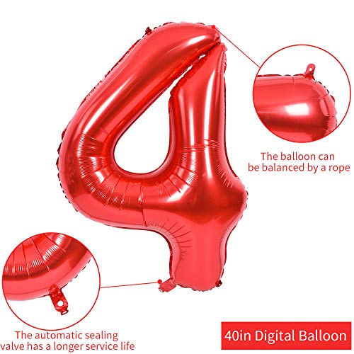 Image of TONIFUL 40 Inch Red Number 4 Balloons Large Foil 4th Birthday Decorations | Red 4 Balloon Number Four for 4th 14th 24th 40th Birthday 4 Year Anniversary, Red Birthday Decor for Men Women Boys Girls
