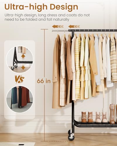 Image of Heavy Duty Clothes Rack, Metal Clothing Rack Load 450 LBS, Rolling Coat Racks for Hanging Clothes with Lockable Wheels, Wardrobe Closet Garment Racks for Bedroom, Black