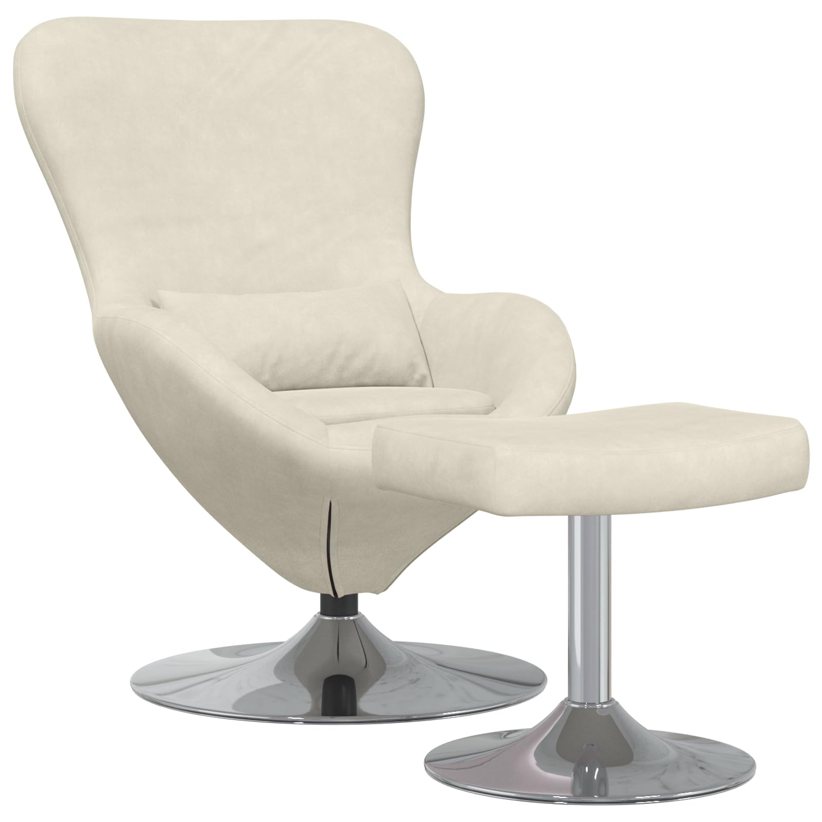 Moderna silla de huevo con reposapiés en terciopelo crema, reposabrazos ajustables y asiento ergonómico para relajación y comodidad, acolchado suave y diseño elegante