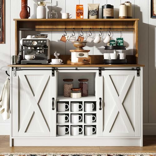 4ever2buy Farmhouse Coffee Bar Cabinet with Storage, 47'' Buffet Cabinet with Hutch and Sliding Barn Door, Coffee Bar with 9 Wine Racks and 6 Hooks for Dining Room, Living Room, White