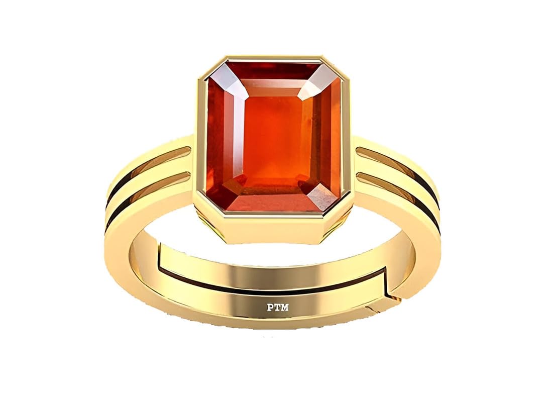 PTM Natural Hessonite/Gomed 3.25 to 10.25 Ratti or 3.00 to 9.50 Carat Astrological Certified Gemstone Panchdhatu/5 Metals Gold Plated Adjustable Ring for Men and Women