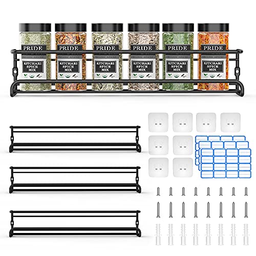 Spice Racks Organiser - 4 Tier Hanging Stainless Steel Wall Mounted with Adhesive Stickers & Screws Kitchen Pantry Shelf for Spices and Condiments, Jars (Black) - Image 3