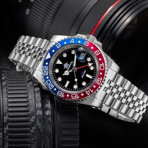 ADDIESDIVE GMT Zegarek męski Diver Wodoodporny 200 M szwajcarski dwukierunkowy 515-24 H jasny zegarek ze stali nierdzewnej męski kwarcowy, 2050 Redblue5steel, Bransoletka