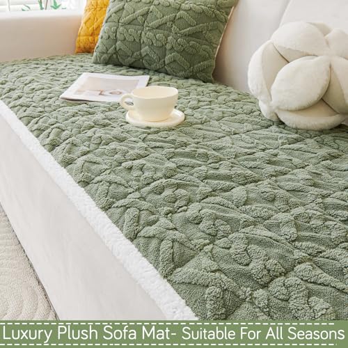 Image of HOKIPO 'Italian Caelora' Luxury Jacquard Plush Sofa Cover Mat | Make Your Own Sofa Cover Set, Mat Length 70(D) x 90(L) cm, Sage Green (AR-5955-GRN)