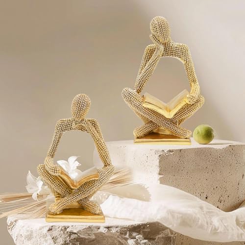 Neeenn Sparkling Gold Reading Women Statue Set, Thinker Sculptures, Abstract Art Ornament, Modern Aesthetic Figurine Decoration for Home Living Room Bedroom Office Shelf Table Desk Bookshelf Decor