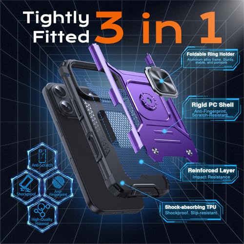 Image of Anqrp Heavy Duty Case for iPhone 17 Pro Case with Enhanced Ring Holder Grip Stand, Military Grade Shockproof Rugged Drop Protective Silicone Hard Slim iPhone 17 Pro Phone Case Cover,Purple
