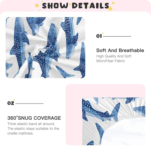 Image of Ocean Whale Sharks White Crib Sheets Soft Breathable Fitted Baby Crib Sheets Mattress Cover for Girls Boys, 52 inch x 28 inch x 9 inch
