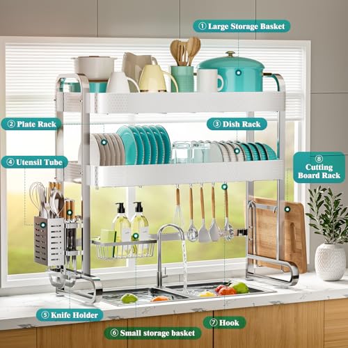 Image of HOWDIA 3-Tier Over The Sink Dish Drying Rack, 304 Stainless Steel Dish Rack with Honeycomb Design, Cutlery Holder & Chopping Board Rack, 33.86 inch x 11.81 inch x 33.07 inch for Maximum Kitchen Storage