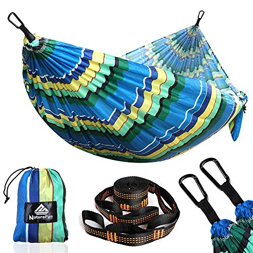 NATUREFUN Hamac de Camping Ultra-léger de Voyage | Capacité de Charge de 300 kg, (275 x 140 cm) Polyester à séchage Rapide | 2 x mousquetons Haut de Gamme, 2 x élingues en Nylon incluses