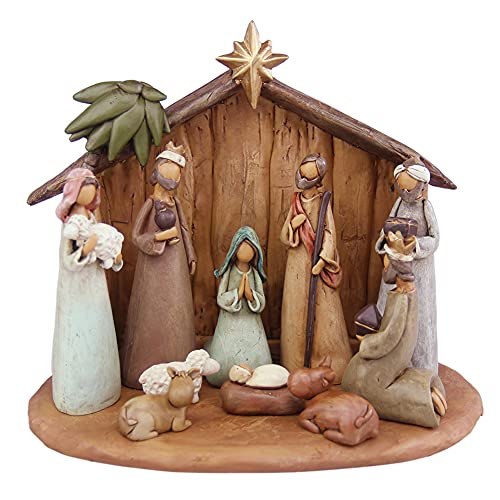 IFUNEYS Nativity Set Holy Family Nativity Scene Figurine - Silent Night Nativity Stable Set (11-Piece Set) - Manger Scene Christmas Indoor Decoration (Brown)