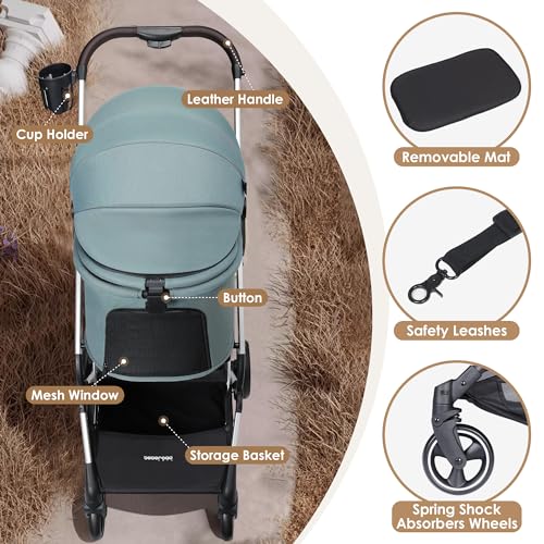 Image of T4 PRO Pet Stroller for Small Medium Dogs, Cat Strollers for 2 Cats, 4 Wheels Folding Pet Stroller for Cats with Pad, Canopy and Cup Holder, Green