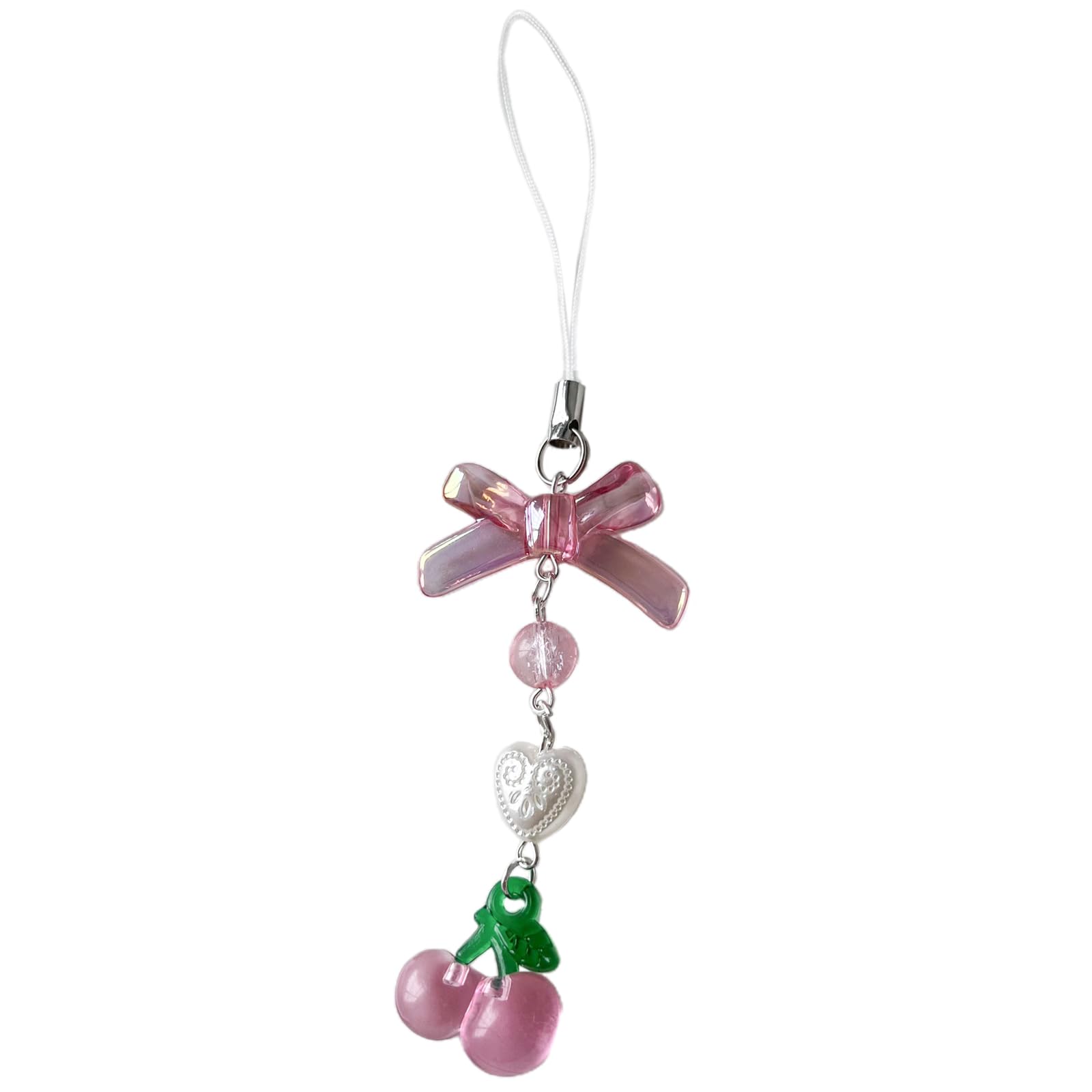 Leeinto Girls Pink-Cherry Keychain Cute Pink Cherry Cellphone Strap Strawberry Cherry Pendant Keychain For Backpack Charm Dainty Cherry Phone Strap Keyring
