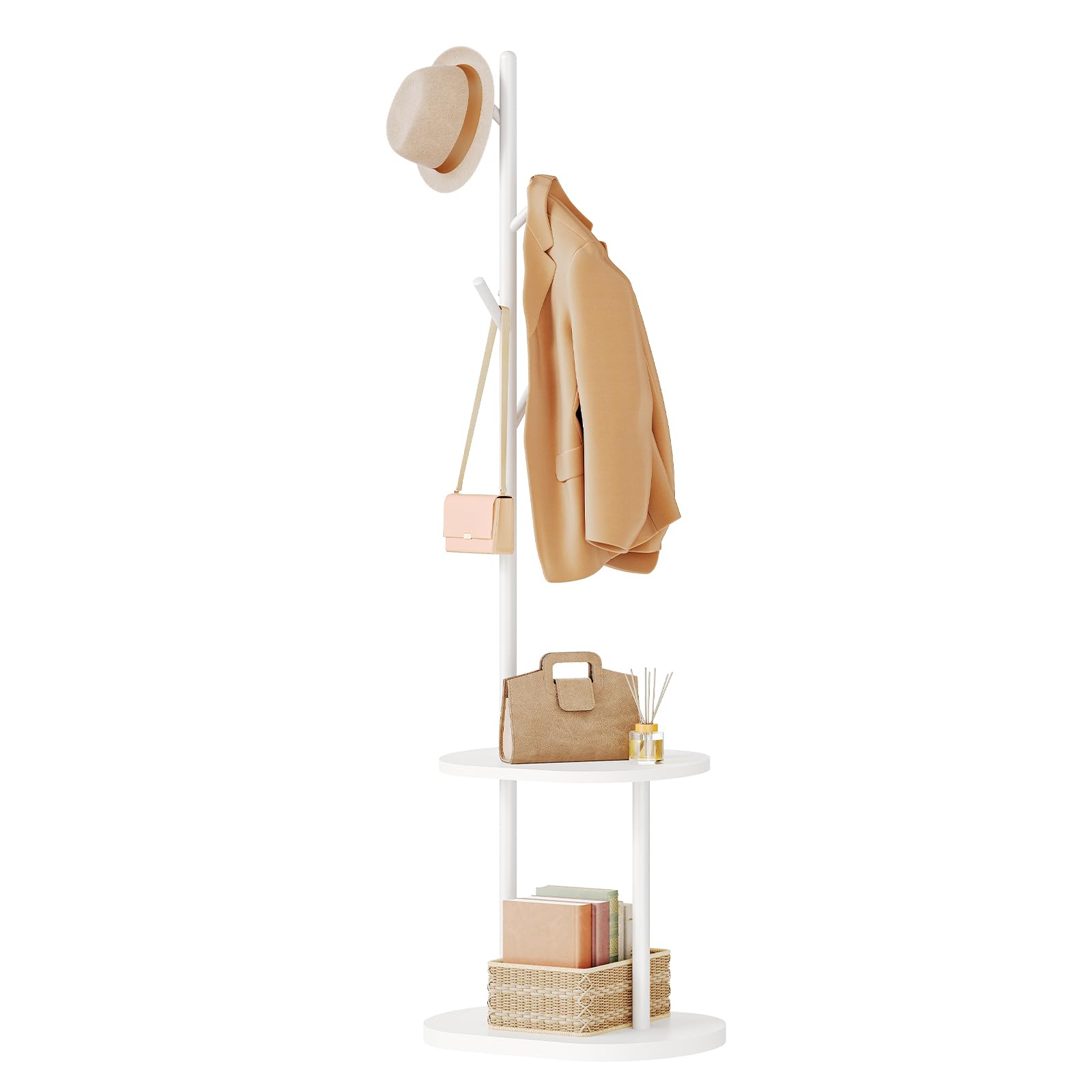HOOBRO Perchero con 4 Ganchos, Perchero de Pie para Entrada con 2 Estantes, Colgador para Ropa, Sombreros y Bolsos, Adecuado para Dormitorio, Sala y Pasillo, Blanco EWT50YM01