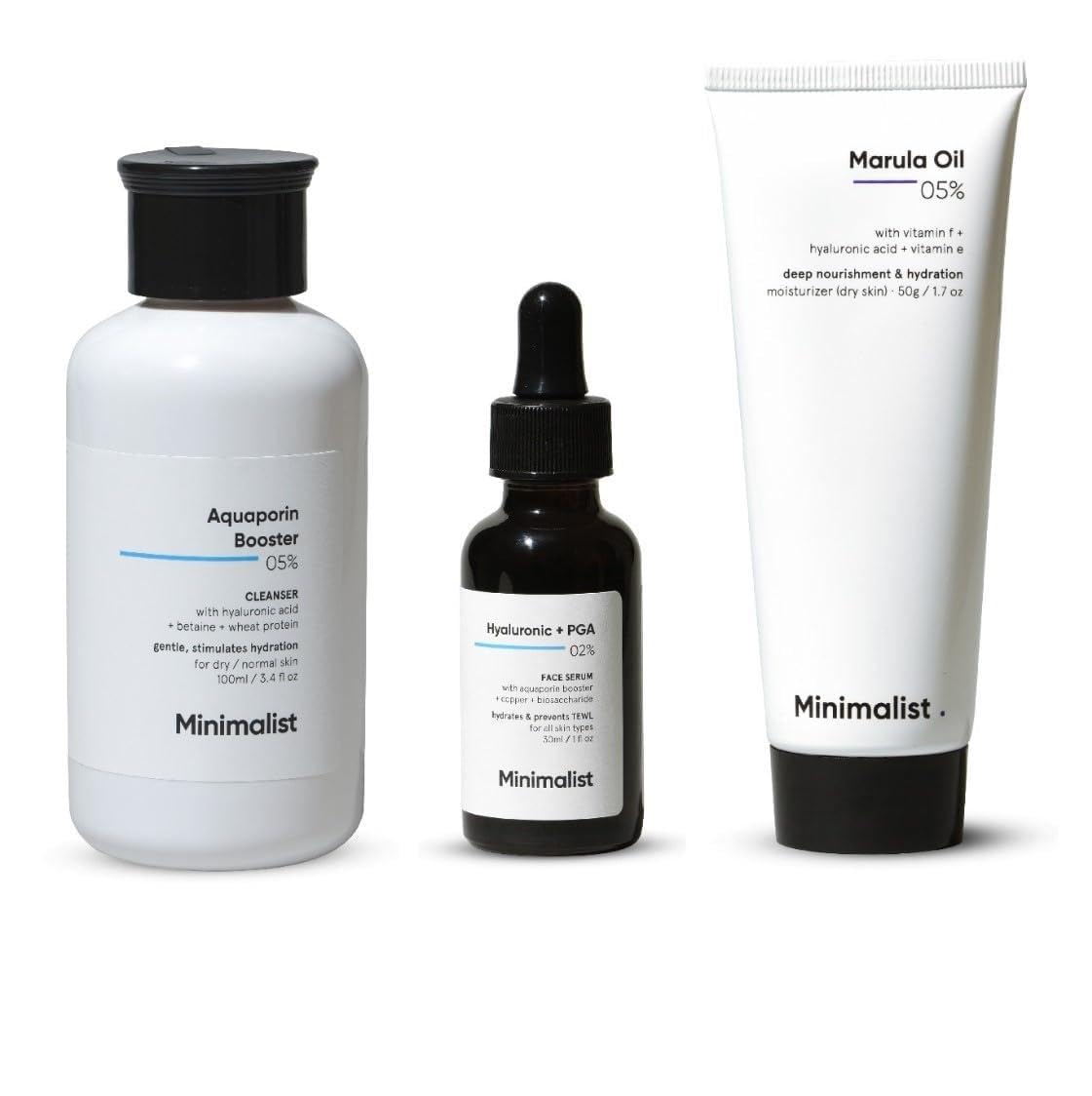 Minimalist Dry Skincare Kit | Hyaluronic Acid Serum + Aquaporin Face Cleanser + Marula Oil Moisturizer