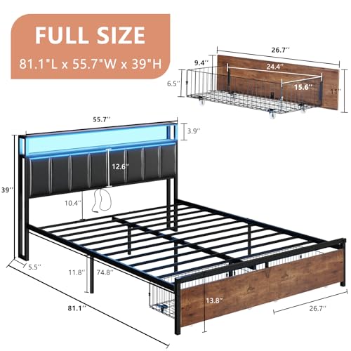 Image of AMERLIFE Full Size LED Bed Frame with 2 Drawers & 2-Tier Headboard | Rustic Brown, Platform Bed, Charging Station, Leather Upholstery, Noise-Free, No Box Spring, Easy Assembly