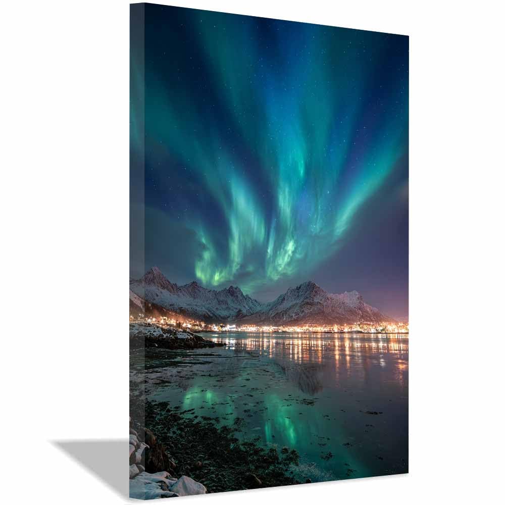 Huyeei Blue Canvas Print Wall Art Aurora Town Modern Nature Landscape Poster, For Living Room, Bedroom,Corridor Office Room Decoretc.(Blue)-70X100cm Framed