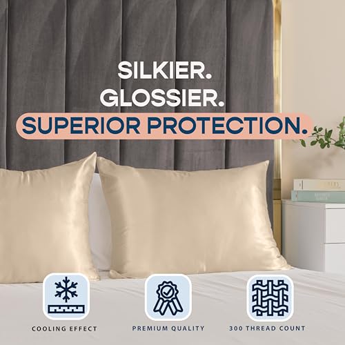 Image of BLISSFORD Satin Pillowcase with Zipper, for Hair and Skin Care, Feels Soft and Cool Like a Silk Pillowcase, Satin Pillow Cases 2 Pack, Slik Pillow Cover, Light Beige - Queen Size, Set of 2