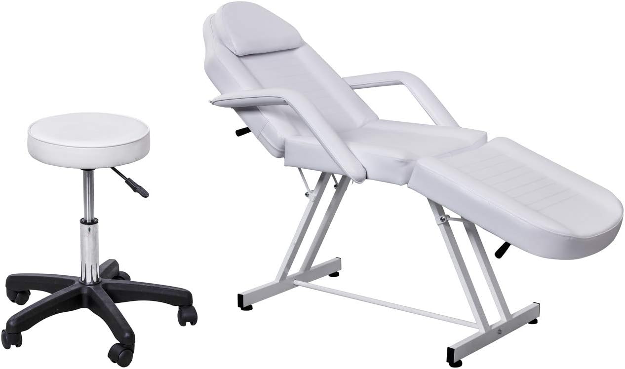 Salon Style White Leather Cover Beauty Professional Facial Tabel Bed Chair Massaging Tables for Barber Face Beauty Updated Facial Beds and Tattoo Chairs with Stool